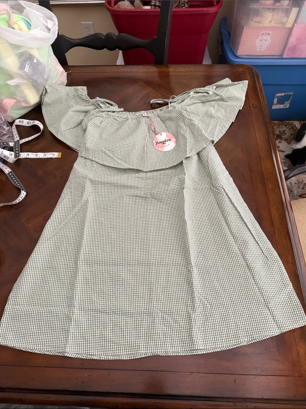 Women’s Green Gingham Off-Shoulder Dress